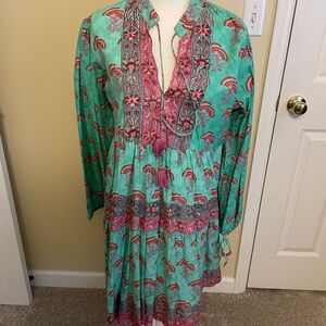 Elegant Long Sleeve Floral Dress in Green and Pink